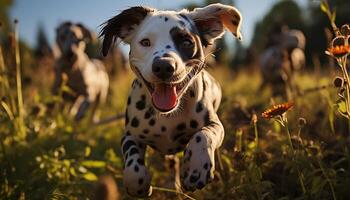 ai gerado fofa cachorro sentado dentro grama, olhando às Câmera, desfrutando natureza gerado de ai foto