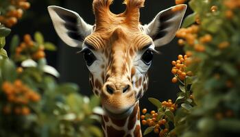 ai gerado girafa em pé dentro a grama, olhando fofa e elegante gerado de ai foto