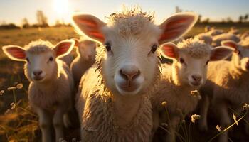 ai gerado fofa animais pastar dentro verde Prado debaixo a pôr do sol gerado de ai foto