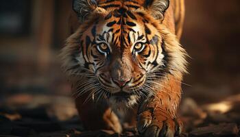 ai gerado majestoso Bengala tigre caminhando dentro selvagem, encarando com agressão gerado de ai foto