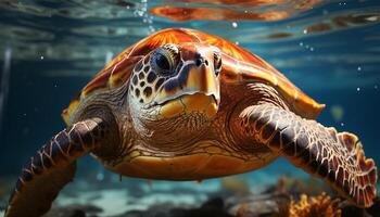 ai gerado uma lindo mar tartaruga natação dentro a azul embaixo da agua gerado de ai foto