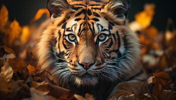 ai gerado majestoso Bengala tigre olhando fixamente, selvagem beleza dentro natureza tranquilidade gerado de ai foto