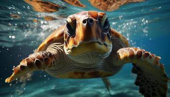 ai gerado uma ampla mar tartaruga natação embaixo da agua, olhando às a Câmera gerado de ai foto