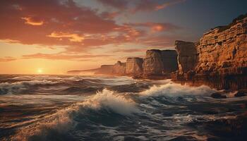 ai gerado majestoso pôr do sol sobre tranquilo águas, horizonte reflete natureza beleza gerado de ai foto