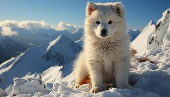 ai gerado fofa samoiedo cachorro sentado dentro Nevado montanha panorama gerado de ai foto