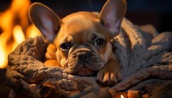 ai gerado fofa francês buldogue cachorro dormindo ao ar livre, desfrutando verão com família gerado de ai foto