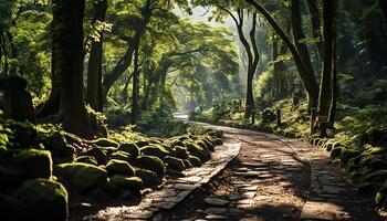 ai gerado tranquilo floresta caminho, verde folhas, luz solar, caminhando dentro natureza gerado de ai foto