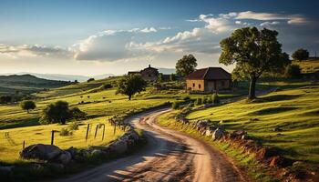 ai gerado tranquilo Prado, verde grama, montanha faixa, pôr do sol natureza beleza gerado de ai foto