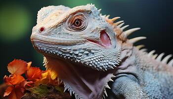 ai gerado uma bonitinho, verde iguana com colorida balanças rasteja em uma ramo gerado de ai foto