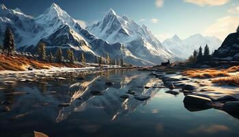 ai gerado majestoso montanha pico reflete tranquilo pôr do sol em congeladas água gerado de ai foto