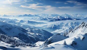 ai gerado majestoso montanha faixa, neve coberto picos, tranquilo inverno panorama gerado de ai foto