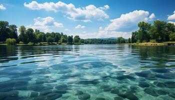 ai gerado tranquilo cena azul céu, verde árvores, refletindo dentro pacífico lagoa gerado de ai foto