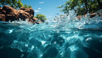 ai gerado embaixo da agua aventura peixe nadar dentro transparente azul água gerado de ai foto