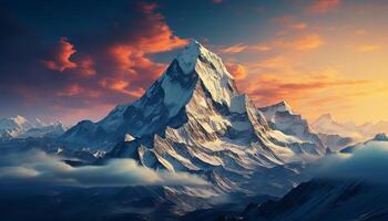 ai gerado majestoso montanha pico, natureza beleza, neve coberto paisagem, céu às pôr do sol gerado de ai foto