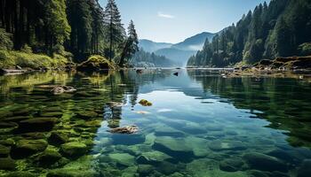 ai gerado tranquilo cena do verde montanhas refletido dentro uma pacífico lagoa gerado de ai foto