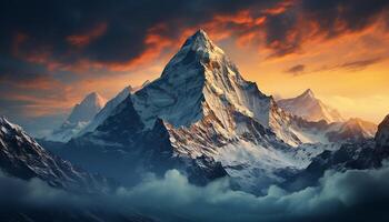 ai gerado majestoso montanha pico, neve coberto paisagem, tranquilo pôr do sol, panorâmico beleza gerado de ai foto