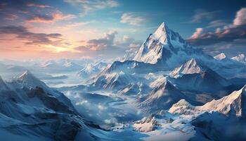ai gerado majestoso montanha pico, neve coberto paisagem, panorâmico beleza dentro natureza gerado de ai foto