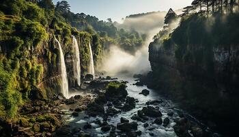 ai gerado majestoso montanha faixa, tranquilo cachoeira, fluindo água, fresco verde floresta gerado de ai foto