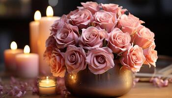 ai gerado romântico luz de velas, flor ramalhete, Rosa fundo, natureza beleza dentro celebração gerado de ai foto