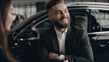 ai gerado uma confiante homem de negocios dirigindo uma luxo carro, sorridente com elegância gerado de ai foto