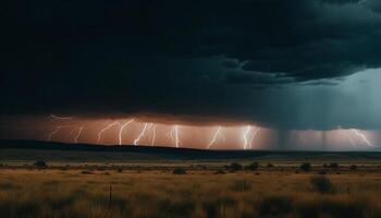 ai gerado dramático céu, Sombrio noite, brilhante parafuso, majestoso natureza poder gerado de ai foto