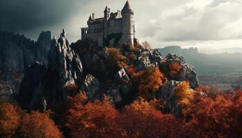 ai gerado majestoso montanha pico, antigo ruínas, outono cores, natureza beleza gerado de ai foto