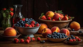 ai gerado frescor do verão saudável comendo, orgânico fruta tigela em de madeira mesa gerado de ai foto