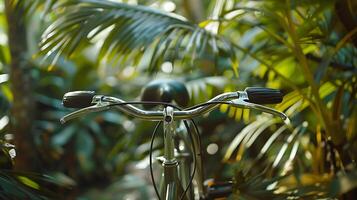 ai gerado bicicleta fechar-se a guidão e frente roda em meio a exuberante vegetação foto