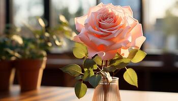 ai gerado frescor e beleza dentro natureza uma solteiro flor em uma mesa gerado de ai foto