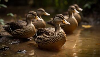 ai gerado patinho bamboleando em molhado grama, refletindo beleza dentro natureza gerado de ai foto