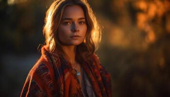 ai gerado jovem mulher dentro casual roupas, sorridente, olhando às Câmera dentro natureza gerado de ai foto