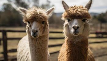 ai gerado fofa alpaca em uma fazenda, encarando às a Câmera gerado de ai foto