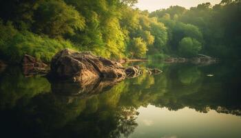 ai gerado tranquilo cena verde floresta reflete dentro pacífico lagoa às pôr do sol gerado de ai foto