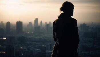 ai gerado silhueta do homem de negocios de pé, olhando às cidade Horizonte às pôr do sol gerado de ai foto