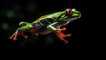 ai gerado vermelho olhos árvore rã sentado em uma folha dentro tropical floresta tropical gerado de ai foto