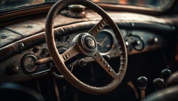 ai gerado vintage carro painel de controle velho formado elegância, brilhante cromada, couro direção roda gerado de ai foto