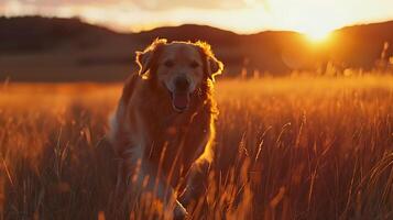 ai gerado dourado retriever brincadeiras através flores silvestres aquecendo dentro suave natural luz foto