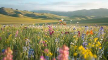 ai gerado vibrante flores silvestres campo banhado dentro suave luz abraçado de rolando colinas foto