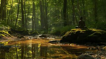 ai gerado tranquilo floresta meditação sereno manhã luz solar florescendo flores silvestres e calmante corrente crio pacífico conexão para natureza foto