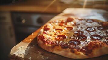 ai gerado recentemente cozido calabresa pizza em rústico mesa enfatizando crocantes crosta e borbulhante queijo dentro caloroso natural luz foto