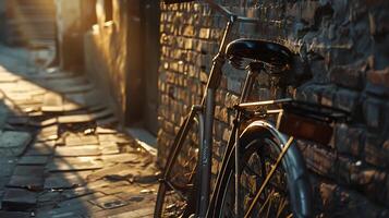 ai gerado rústico bicicleta descansos contra tijolo parede banhado dentro suave natural luz foto