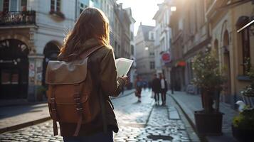 ai gerado viajando através Europa mulher com mochila estudos mapa em calçada portuguesa rua debaixo suave natural luz foto