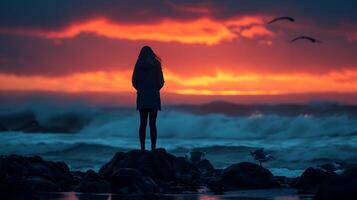 ai gerado silhueta do determinação mulher abraços a pôr do sol horizonte com mar e céu configuração a tom foto
