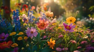 ai gerado colorida jardim floresce abraçado de suave natural luz foto