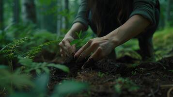 ai gerado mulher ternamente plantas rebento dentro exuberante floresta compensação capturando intrincado detalhes com macro lente foto