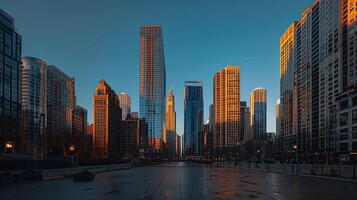 ai gerado grande cidade Horizonte reflete caloroso pôr do sol brilho dentro moderno edifícios contra Claro azul céu foto