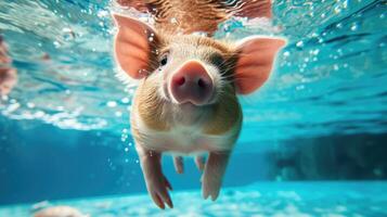 ai gerado Hilário embaixo da agua cena porco dentro piscina tocam profundo mergulho Ação, ai gerado. foto