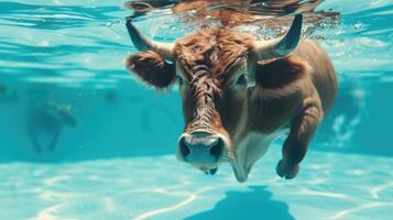 ai gerado Hilário embaixo da agua cena boi dentro piscina tocam profundo mergulho Ação, ai gerado. foto