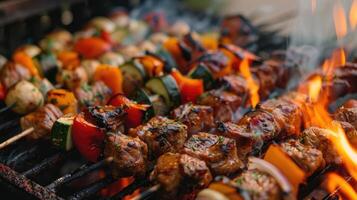 ai gerado shashlik espetos grelhar em churrasco grade, chiando com sabor e aroma, ai gerado foto