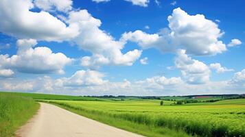 ai gerado uma lindo panorama desdobra-se com uma estrada enrolamento através Campos debaixo uma azul céu adornado com fofo nuvens. ai gerado. foto